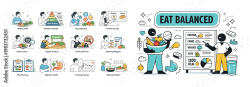 Healthy eating infographic with icons for nutrition, meal planning, and wellness