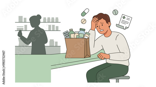 Man experiences medical discomfort while purchasing medication at pharmacy counter