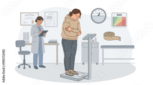 A man experiences medical discomfort while being weighed by a doctor in a clinic.