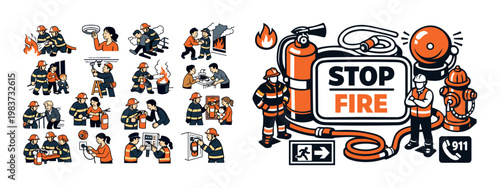 Fire safety illustrations showing firefighters and emergency preparedness actions