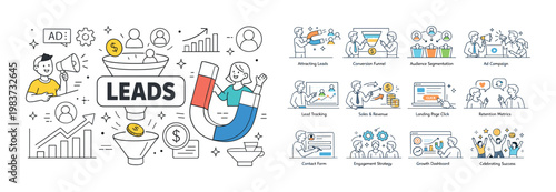 Lead generation and marketing strategy icons for business growth and customer acquisition