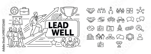 Business leader guiding team towards success with strategy and achievement icons