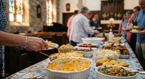 Church potluck meal with community sharing food in fellowship hall