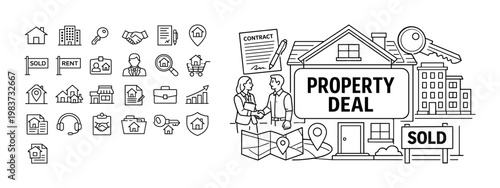 Real estate icons and illustration depicting a property deal with agents and contract