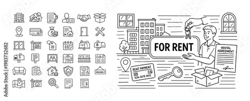 Real estate icons and illustration for renting a property