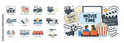 Collection of cinema and movie icons with popcorn and tickets for movie night