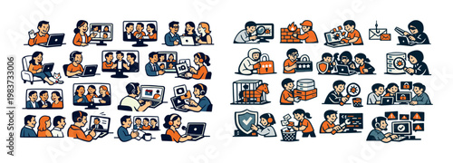 Cybersecurity and remote work concepts illustrated with diverse characters and icons