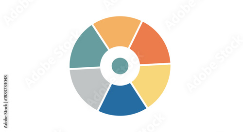 Circular Segmented Diagram Vector Illustration with Six Colorful Sections and Central Icon for Business Infographic Presentation and Data Visualization Design