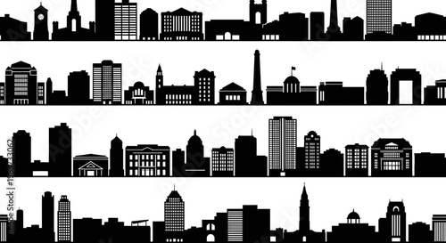City Skyline Silhouettes Vector Illustration Set Featuring Diverse Urban Architecture and Metropolitan Building Profiles for Modern Design Projects