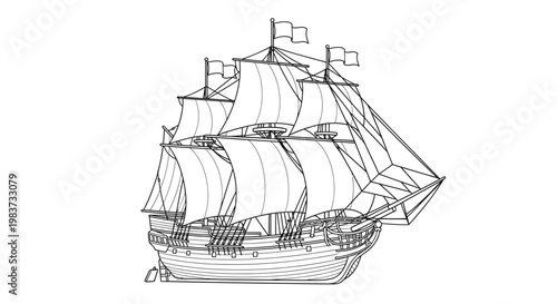 Classic Galleon Sailing Ship Vector Illustration, Detailed Nautical Vessel Line Art Graphic for Maritime Design Projects and Historical Exploration Themes