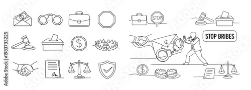 Anti-corruption icons depicting justice, money, and legal consequences