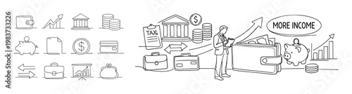 Financial growth and income increase concepts illustrated with icons and a businessman