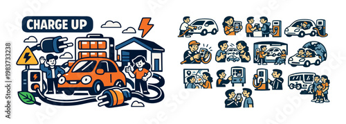 Electric car charging station with people and vehicles, symbolizing green energy