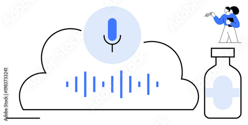 Voice recognition, telemedicine, cloud computing, remote diagnostics, AI healthcare, data storage. Microphone and soundwaves in a cloud. Voice recognition and telemedicine concept