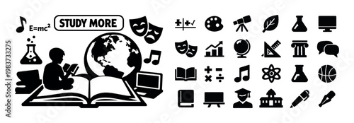 Collection of educational and school subject icons for learning and knowledge