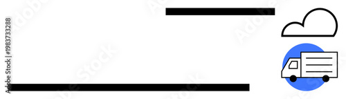 Cloud logistics, delivery services, e-commerce, shipping, global trade, supply chain solutions. Minimalist black lines, truck icon and cloud symbol on a white background. Cloud logistics