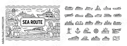 Collection of nautical icons and sea transport illustrations