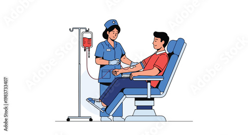 A medical professional in blue scrubs drawing blood from a seated patient with a red shirt in a clinical setting.
