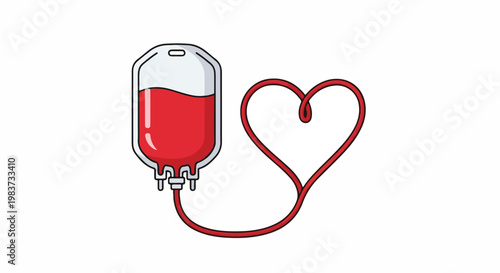 Illustration of a blood bag with a tube forming a heart shape on a white background.