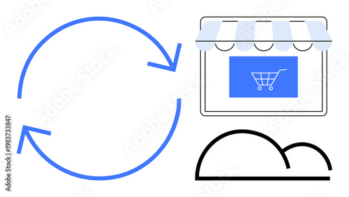 E-commerce, cloud computing, online shopping, business sustainability, data sync, digital transformation. Arrows indicating process, storefront with cart and a cloud. E-commerce and cloud computing