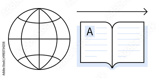 Education, global communication, information sharing, knowledge transfer, language learning, digital tools. Globe and open book with arrow. Global communication and education concept
