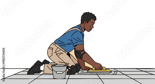 Black man grouting tile floor. Worker in profile doing home improvement. Vector illustration