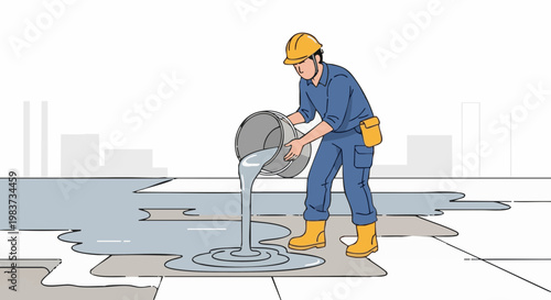 Vector illustration of asian worker pouring liquid floor coating