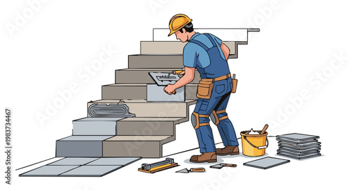 Builder installing ceramic tiles on staircase steps with tools
