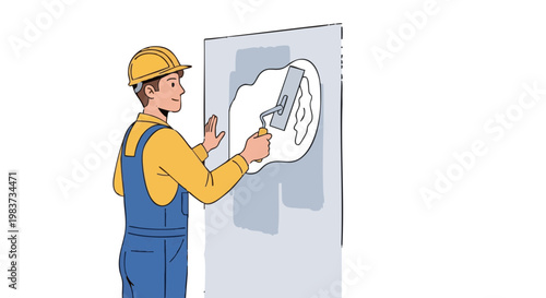 Builder in overalls plastering wall with trowel