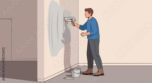 Man applying putty to wall with trowel during home renovation