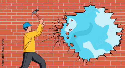 Construction worker with hardhat breaking brick wall with hammer revealing new opportunity
