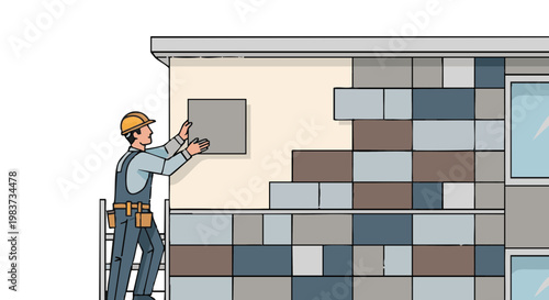 Construction worker on ladder installing exterior wall tiles on building facade