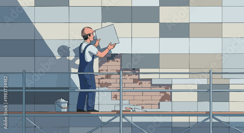 Construction worker installing facade tiles on building exterior