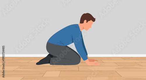 Man kneeling on wooden floor looking down, vector illustration