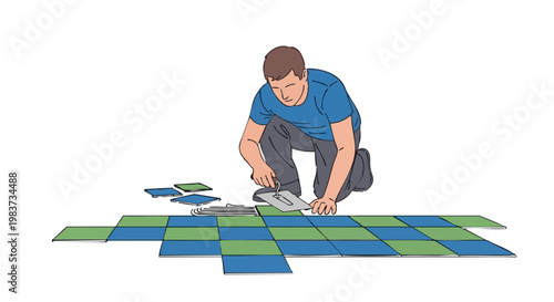 Man laying decorative blue and green tiles on floor. Home improvement and renovation concept