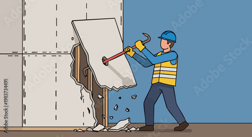 Construction worker demolishing plasterboard wall with crowbar. Vector illustration of renovation and demolition work