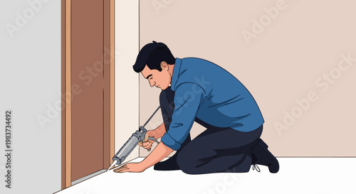 Man sealing door threshold with caulking gun vector illustration