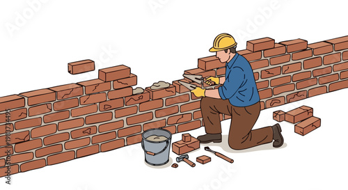 Bricklayer repairing old rustic brick wall with trowel and mortar
