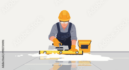 Construction worker leveling floor with trowel and spirit level. Man in hard hat pouring self leveling concrete for renovation project