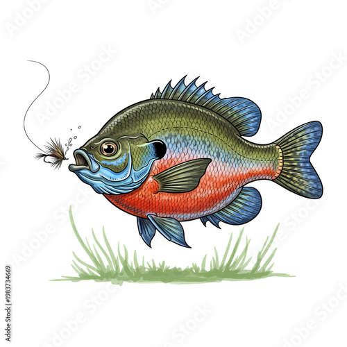 Illustration of a bluegill sunfish in a classic vintage artistic style with detailed scales and fins