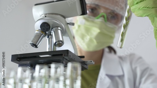 Fotografie Female scientist wearing green protective mask and gloves is holding test tube with plant sample, researching botany and medical applications using a microscope