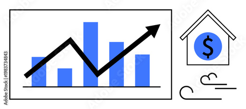 Economic growth, financial analysis, market trends, investment strategies, monetary policies, data visualization. Rising graph and bar chart next to a dollar icon inside a home symbol. Economic