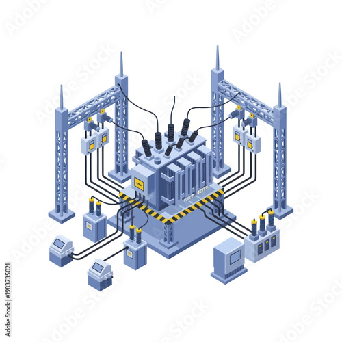 Isometric Electrical Substation with Transformer and Power Lines.