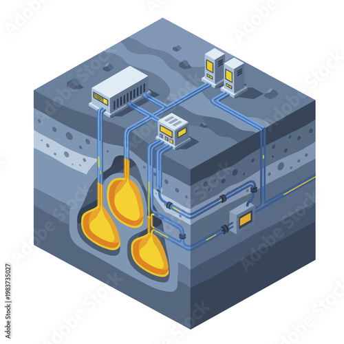 Isometric Geothermal Energy System Diagram with Underground Heat Exchange.