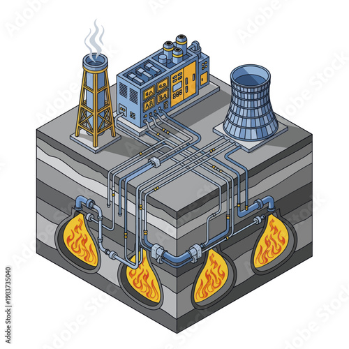 Isometric Geothermal Power Plant Generating Clean Energy.