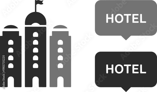 Grey flat icons depicting a tall building with a flag and speech bubbles labeled with hotel