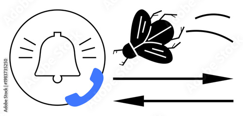 Communication, notifications, vector symbols, speed, alerts, science. A bell with a phone icon, a fly and directional arrows . Communication and notifications illustrated through abstract icons