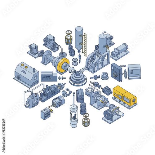 Isometric illustration of various industrial machinery components and parts.