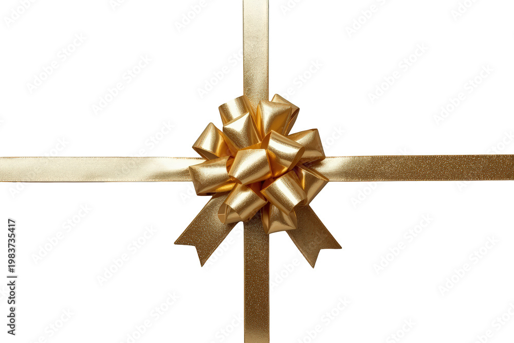 Fototapeta premium Gold metallic satin ribbon and a decorative bow creating an elegant gift wrap decoration for holidays, birthdays, and anniversaries