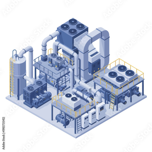 Isometric Industrial HVAC and Cooling System Illustration.